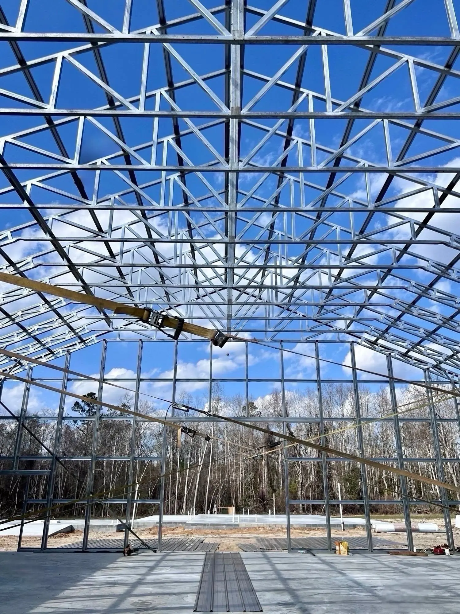 Steel roof trusses and bracing before panel installation